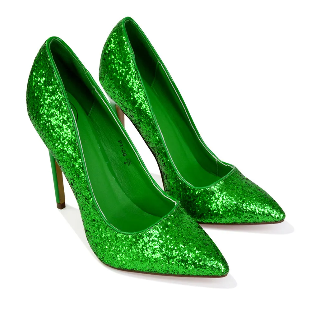 Emerald Pointed Toe Court Shoes Glitter Stiletto High Heels in Black