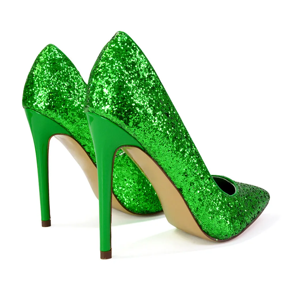 Emerald Pointed Toe Court Shoes Glitter Stiletto High Heels in Black