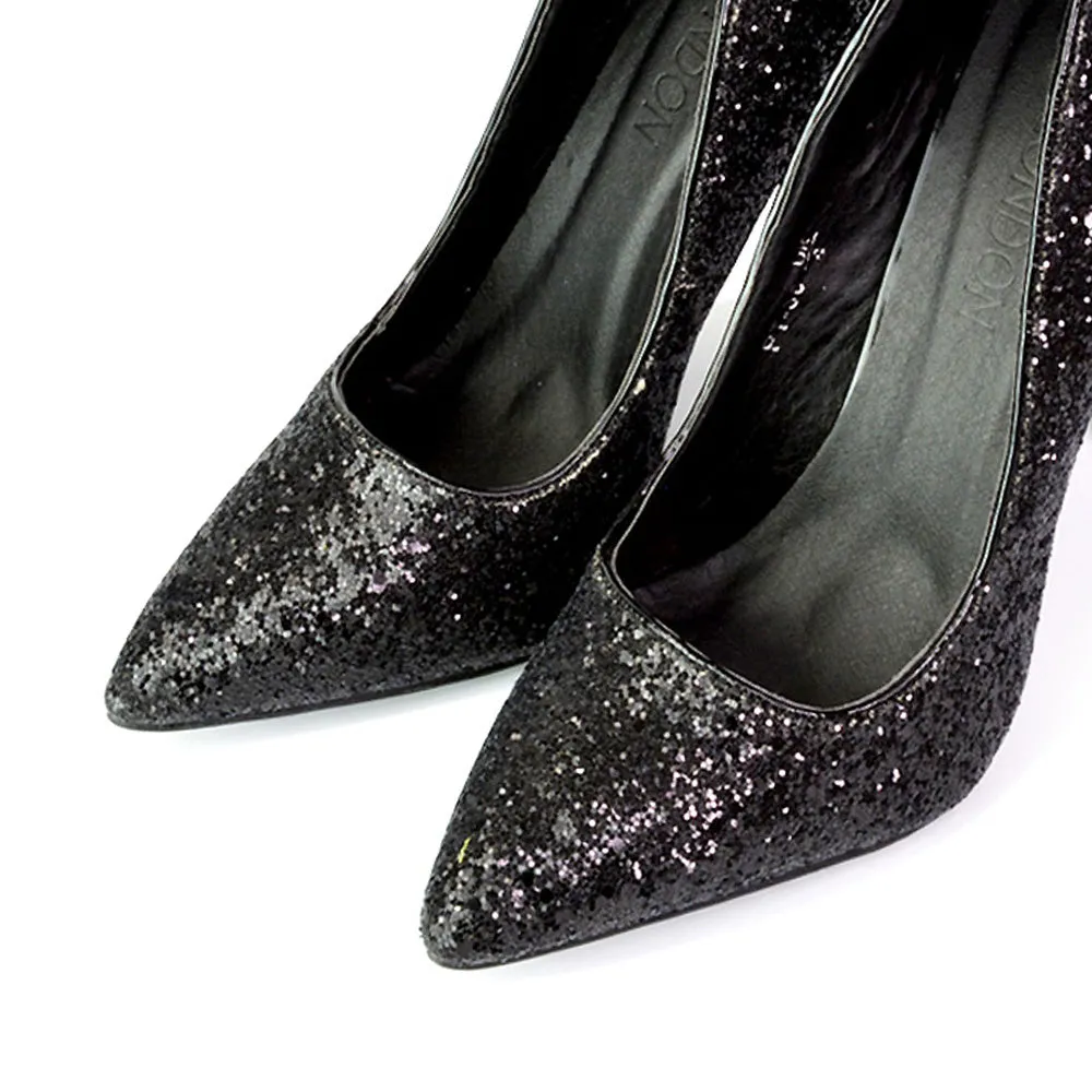 Emerald Pointed Toe Court Shoes Glitter Stiletto High Heels in Black