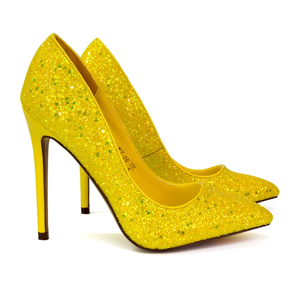 Emerald Pointed Toe Court Shoes Glitter Stiletto High Heels in Yellow