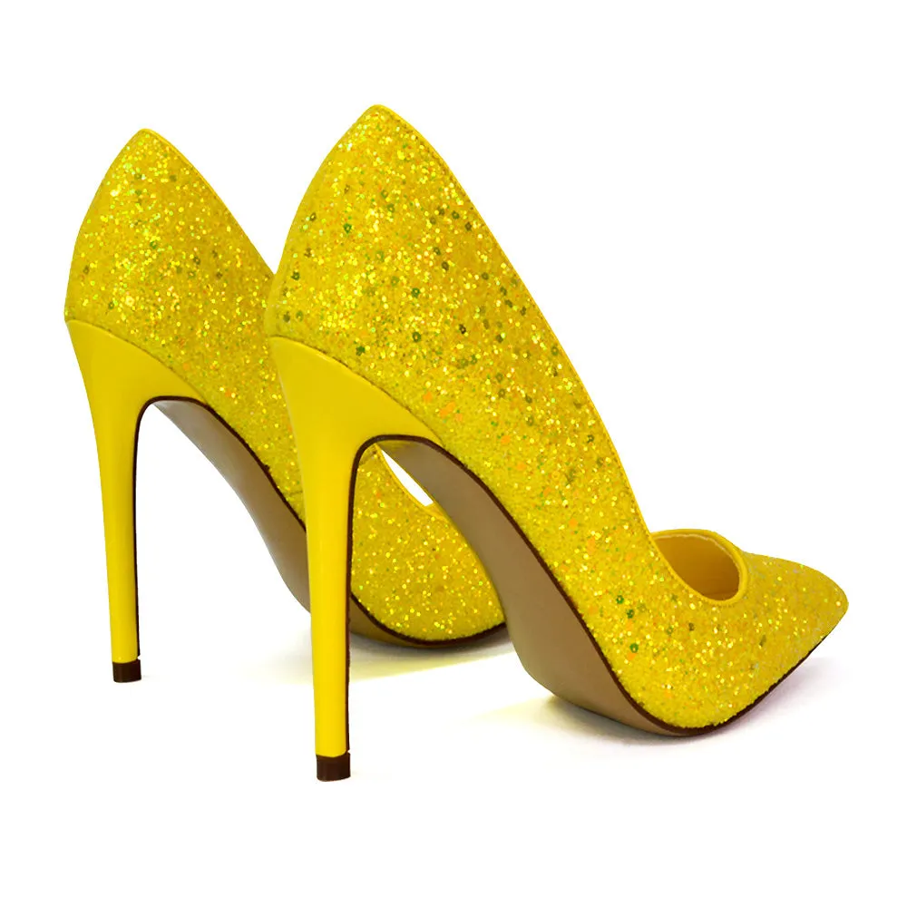 Emerald Pointed Toe Court Shoes Glitter Stiletto High Heels in Yellow