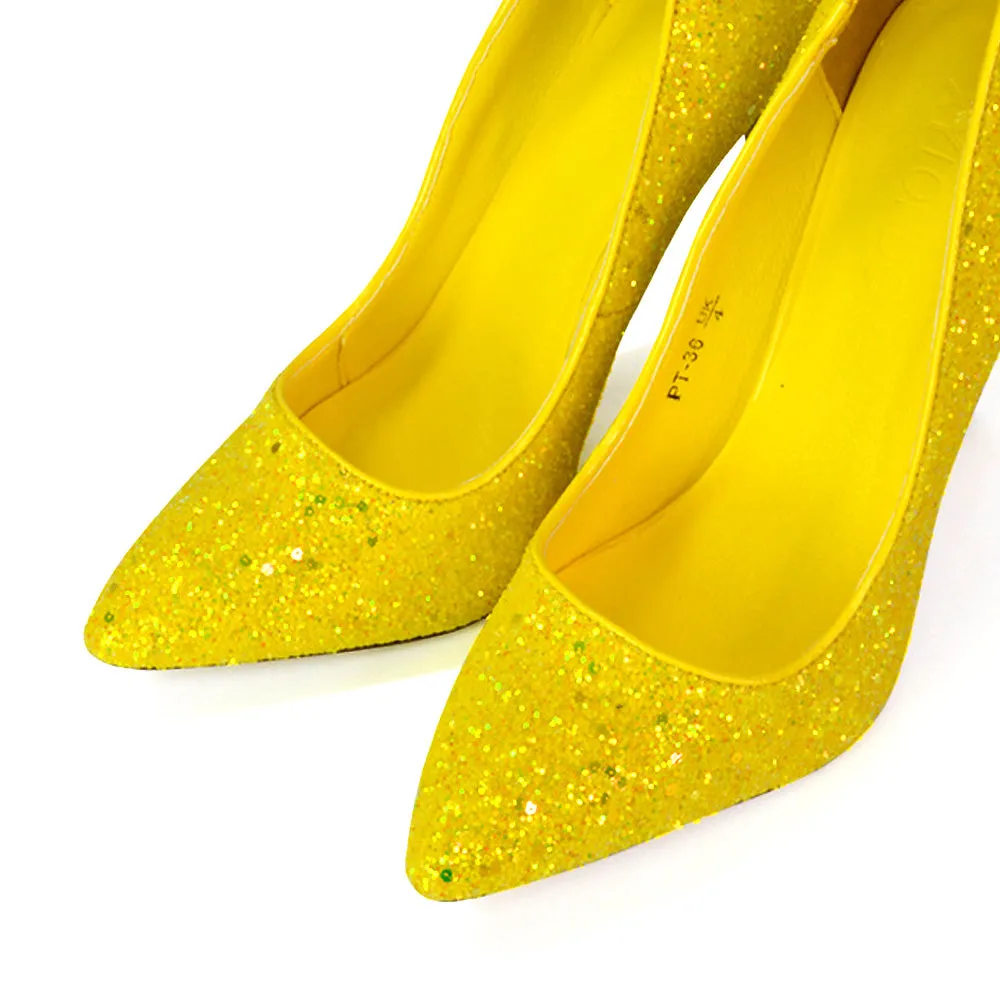 Emerald Pointed Toe Court Shoes Glitter Stiletto High Heels in Yellow