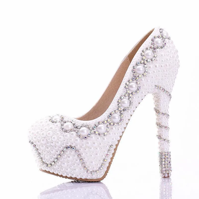 Fashion Handmade High Heels Round Toe Pearls Crystal Wedding Shoes, S0039