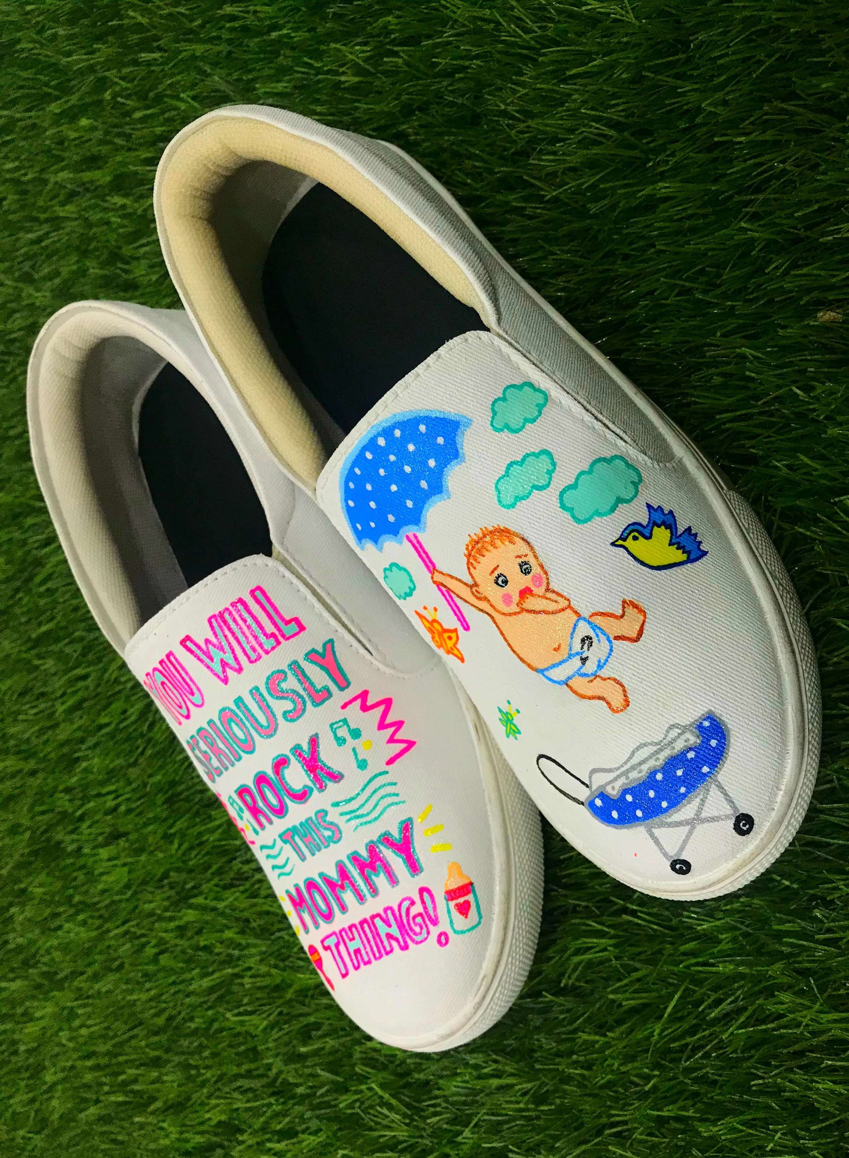 Funky N Trendy hand painted water resistant Mom to be theme white shoes/ mom to be shoes / pregnancy shoes / white shoes