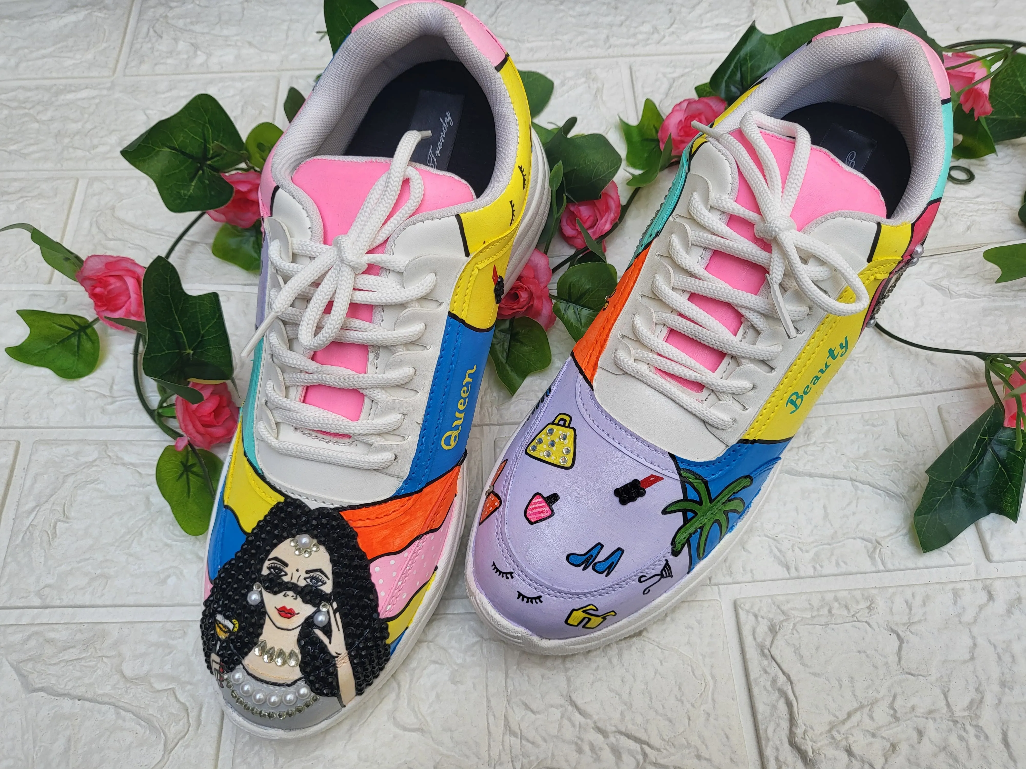 Funky N Trendy hand painted with water resistant colors, rhinestone work bridal sneakers/ bridesmaid sneaker / colorful sneakers/ funky sneakers / MUA theme sneakers / makeup sneakers