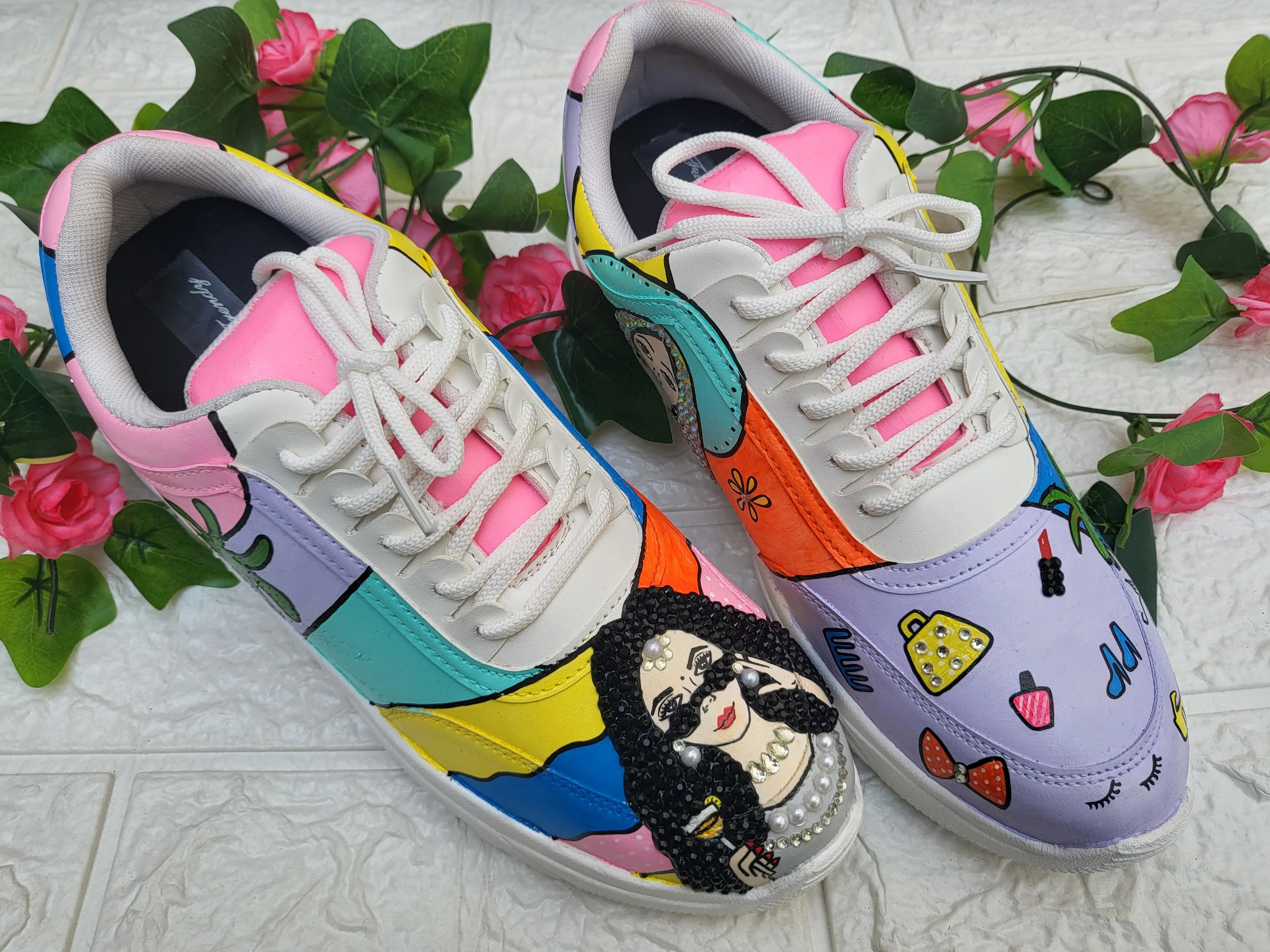 Funky N Trendy hand painted with water resistant colors, rhinestone work bridal sneakers/ bridesmaid sneaker / colorful sneakers/ funky sneakers / MUA theme sneakers / makeup sneakers