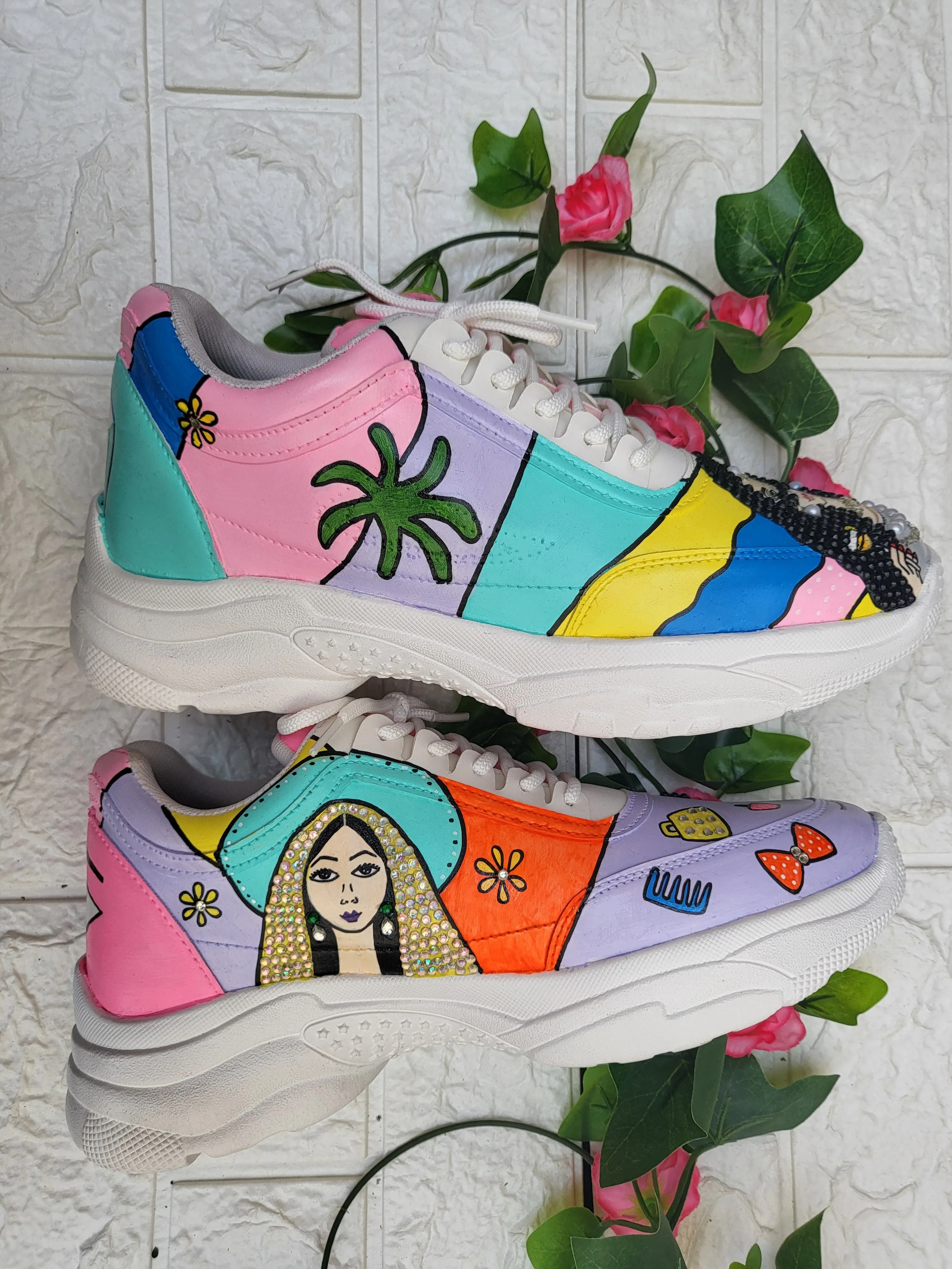 Funky N Trendy hand painted with water resistant colors, rhinestone work bridal sneakers/ bridesmaid sneaker / colorful sneakers/ funky sneakers / MUA theme sneakers / makeup sneakers