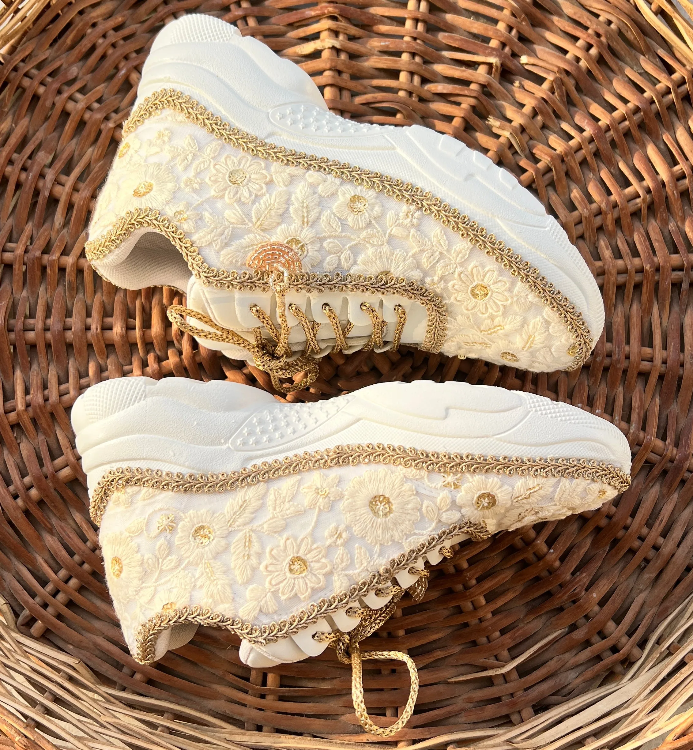 Funky N Trendy ivory / off white embroidery work bridal sneakers/ bridesmaid sneaker / hancrafted sneakers / gold sneakers / golden sneakers/ white sneakers / white shoes