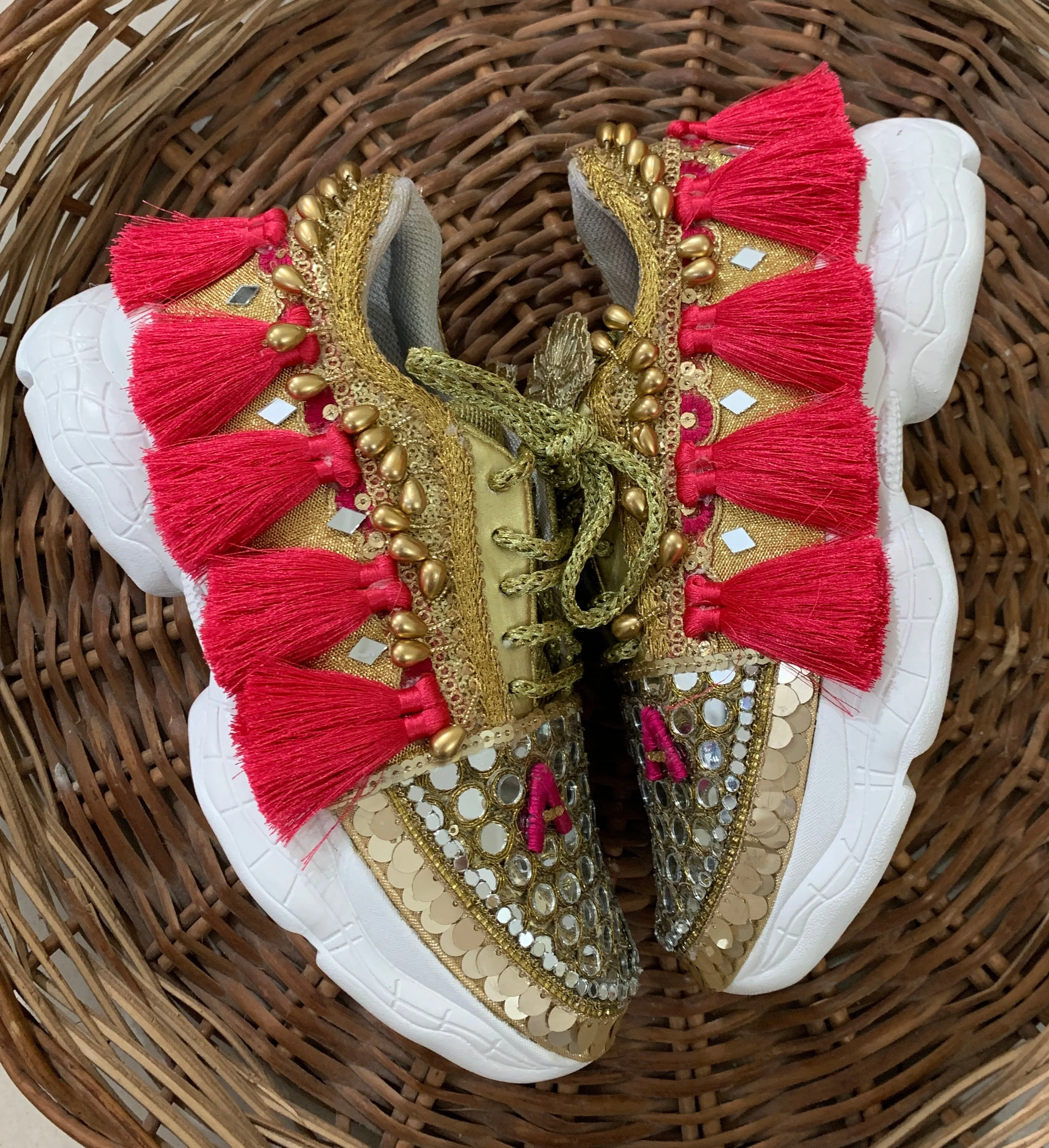 Funky N Trendy Red and Gold embroidery work bridal sneakers/ bridesmaid sneaker / golden sneakers/ Red sneakers / Red shoes / name initial customized shoes / tassel shoes