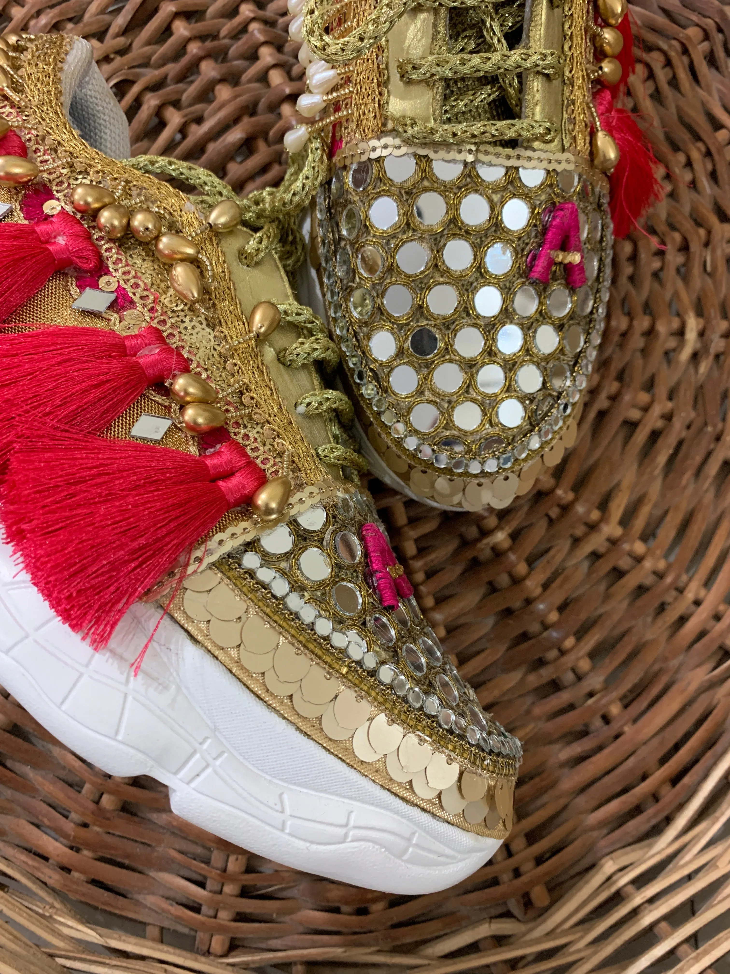 Funky N Trendy Red and Gold embroidery work bridal sneakers/ bridesmaid sneaker / golden sneakers/ Red sneakers / Red shoes / name initial customized shoes / tassel shoes