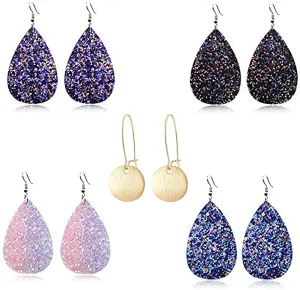 GIMEFIVE 4 Pairs Leather Teardrop Glitter Sequins Earring Lightweight Leaf Drop Bohemian Hollow Earrings for Women Girl