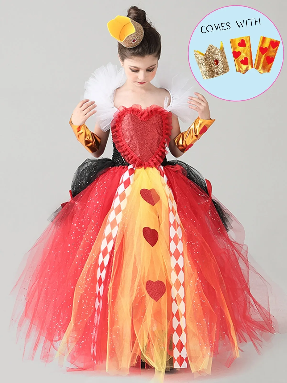 Girls Alice in Wonderland Queen of Hearts Inspired Costume with Cuffs and Crown Set