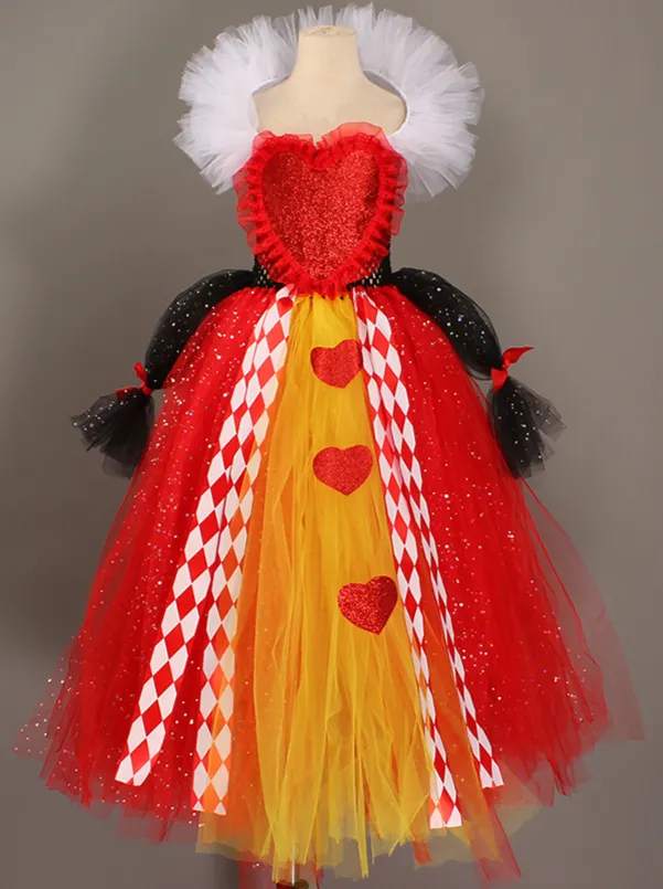 Girls Alice in Wonderland Queen of Hearts Inspired Costume with Cuffs and Crown Set