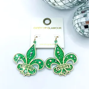 Glitter Fleur De Lis Earrings with AB Crystals in Green