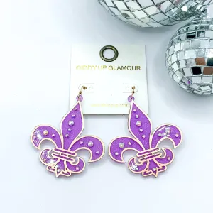 Glitter Fleur De Lis Earrings with AB Crystals in Purple