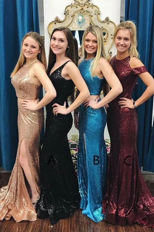 Glitter Mermaid Prom Dress, Sweep Train Sequined Long Bridesmaid Dress UQ2438