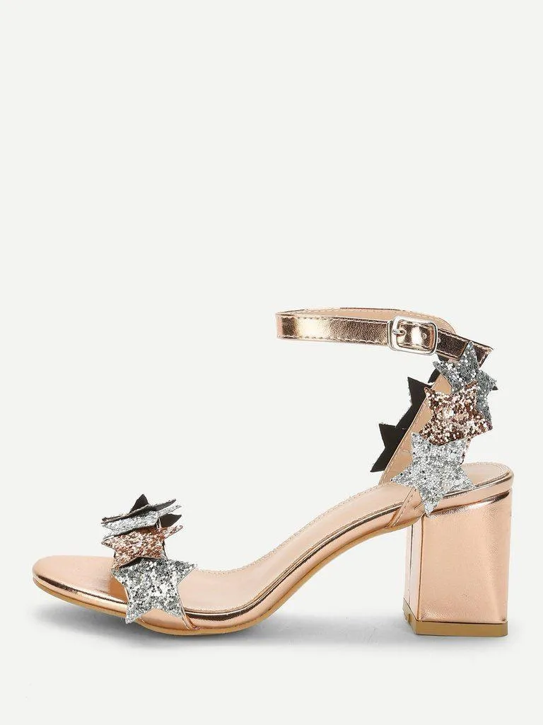 Glitter Star Detail Chunky Heeled Sandals