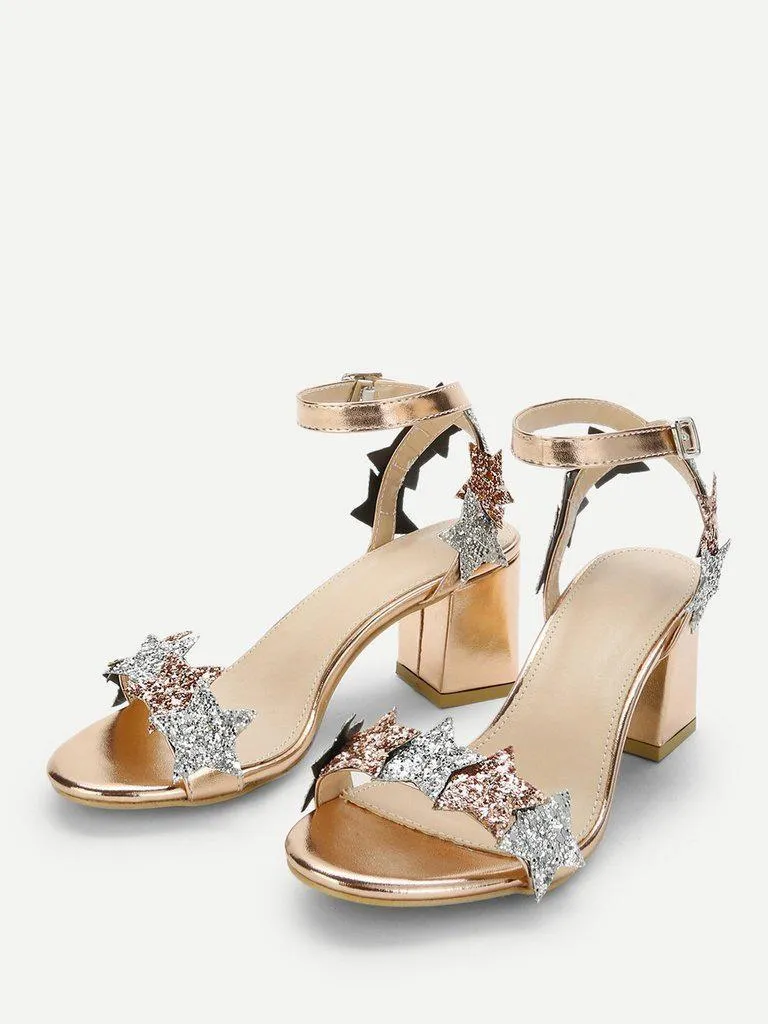 Glitter Star Detail Chunky Heeled Sandals