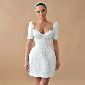 Glitter Wedding Dress Mini Sheath/Column Short Sleeves V Neck Wedding Gowns for Women Bride Backless Luxury Bridal Dresses Short