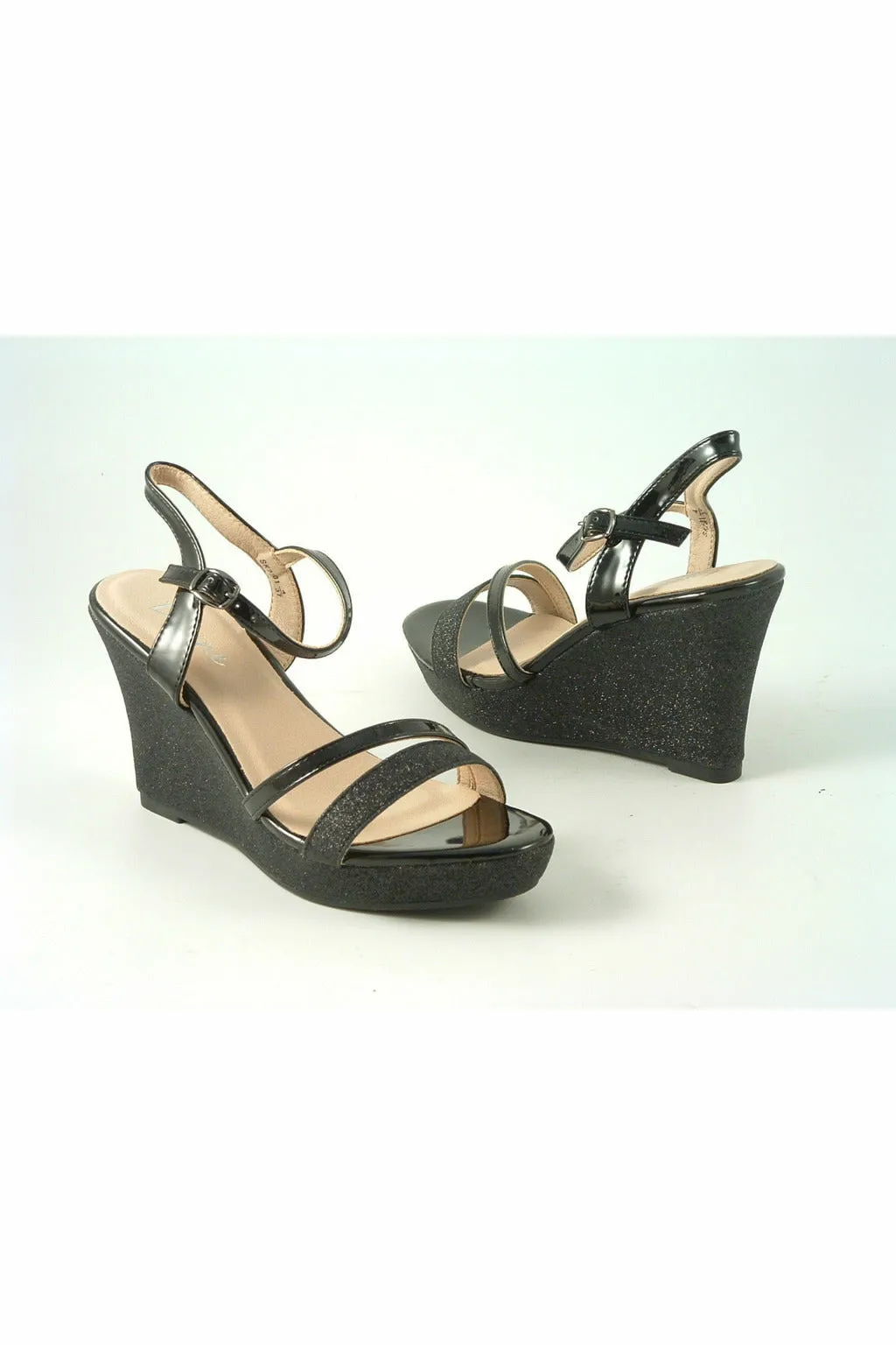 Glitz Shoes Divine High Heel Glitter Wedge Black Sandal