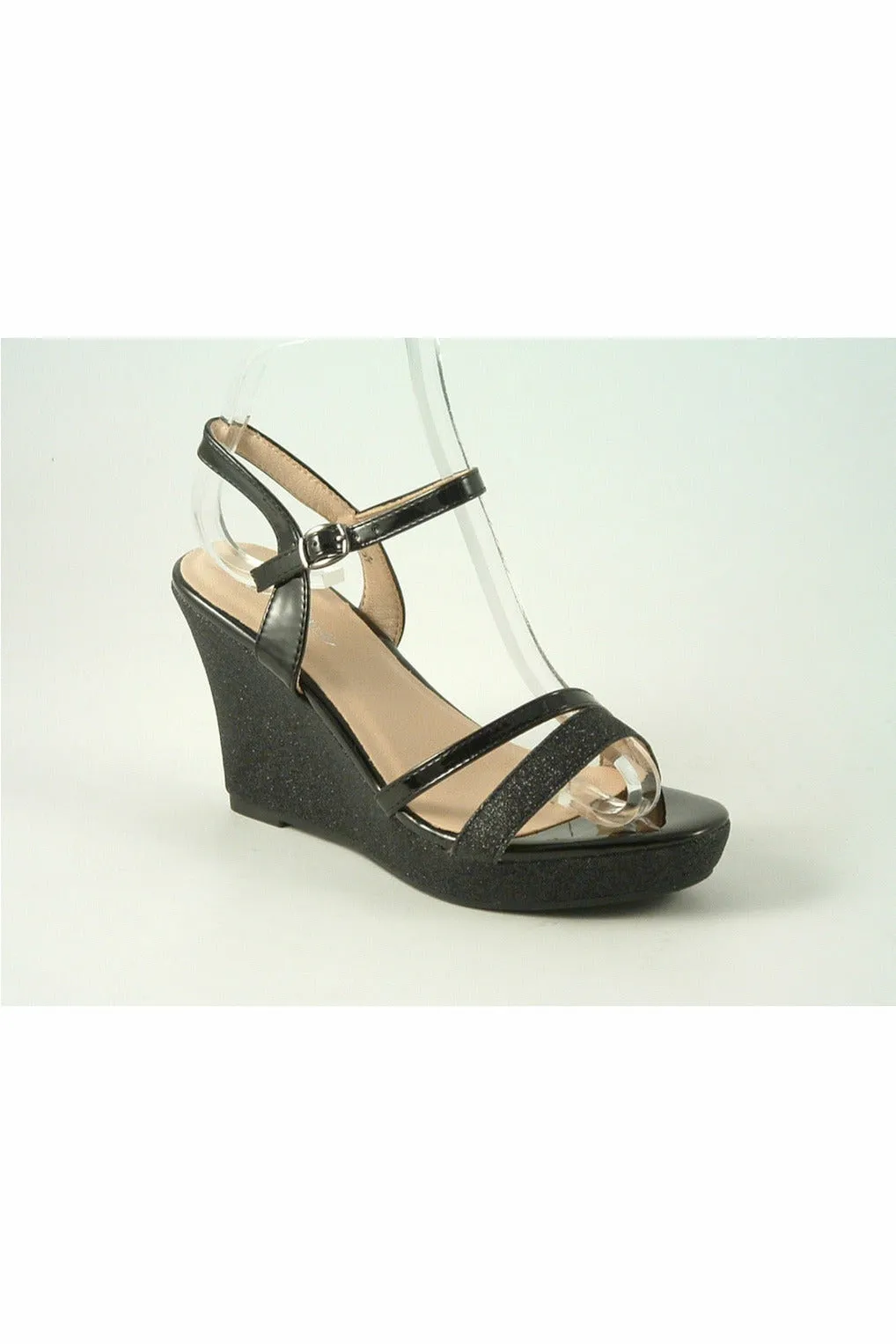 Glitz Shoes Divine High Heel Glitter Wedge Black Sandal