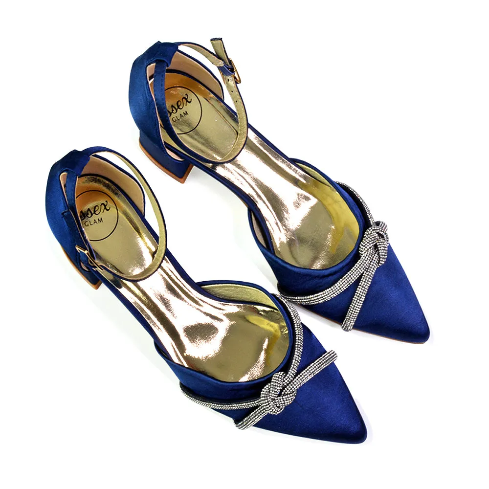 Gracie Diamante Strappy Mid Block Heel Sandals With a Pointed Toe in Navy