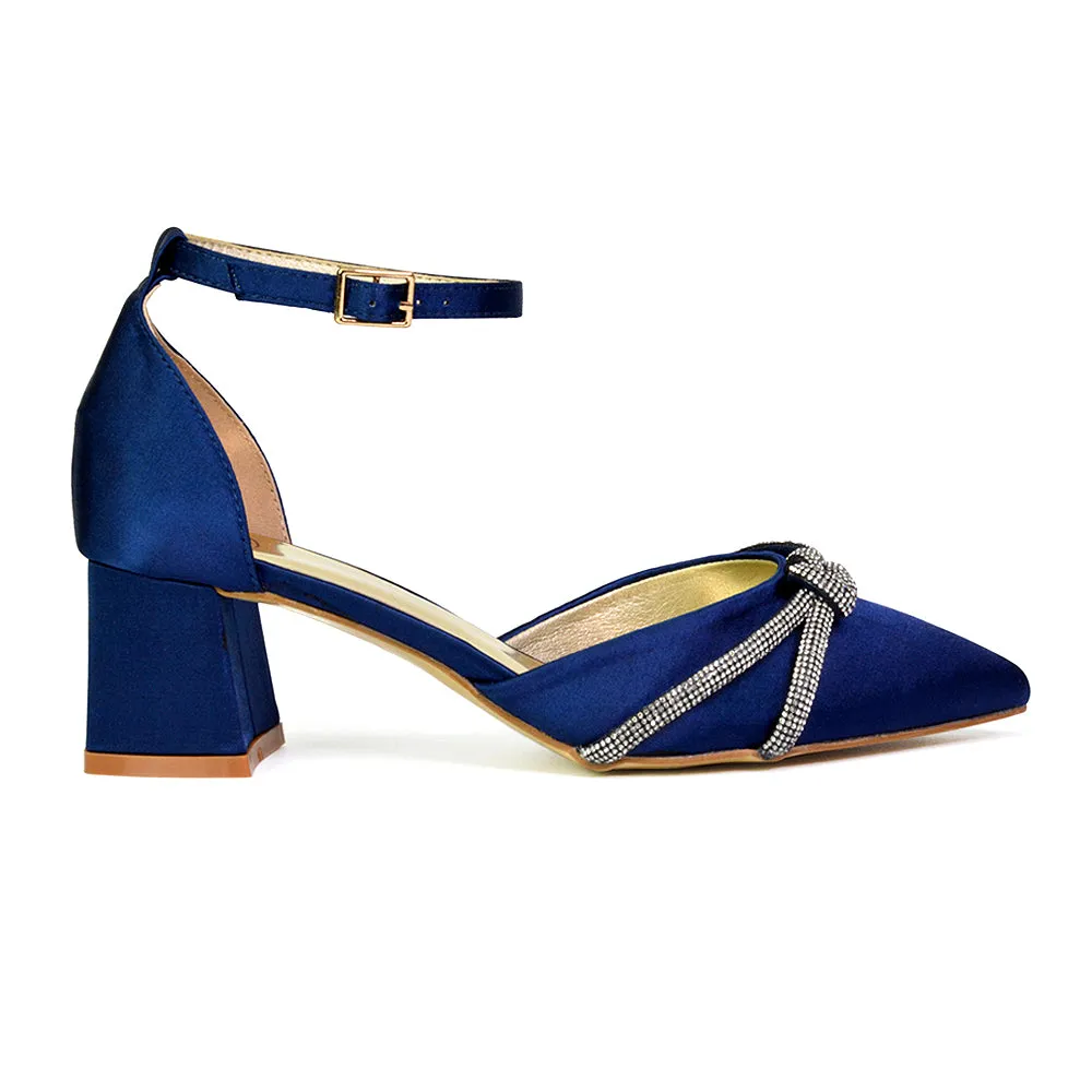 Gracie Diamante Strappy Mid Block Heel Sandals With a Pointed Toe in Navy