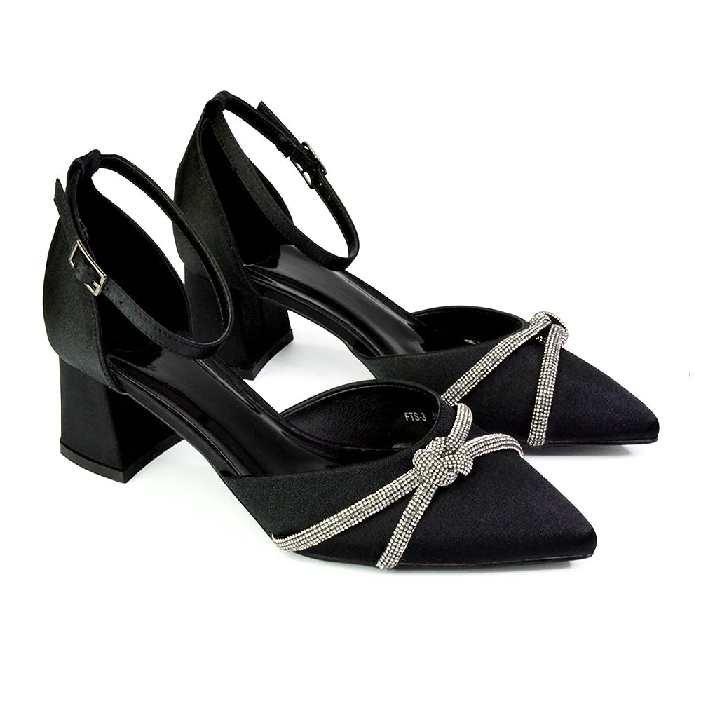 Gracie Diamante Strappy Mid Block Heel Sandals With a Pointed Toe in Navy