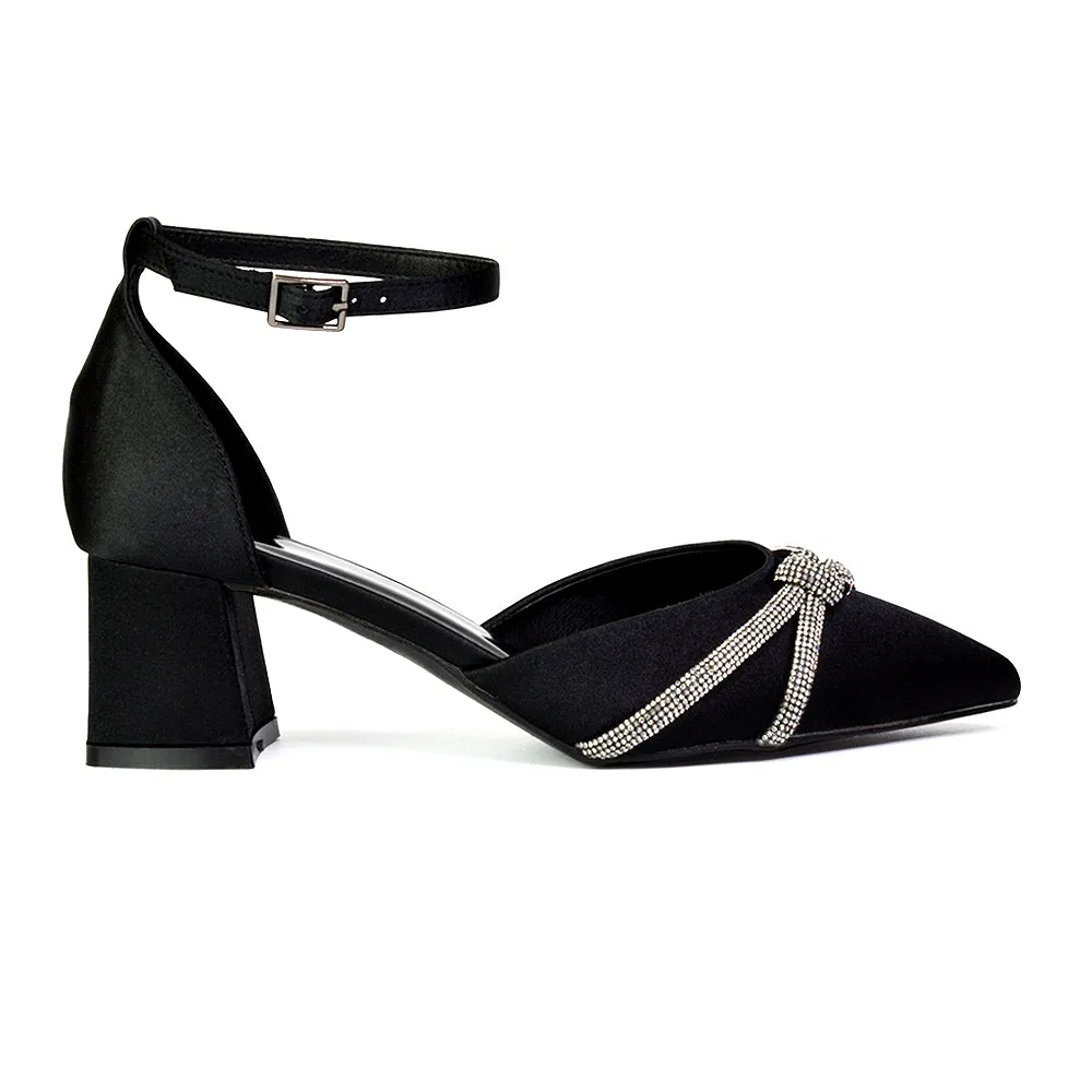 Gracie Diamante Strappy Mid Block Heel Sandals With a Pointed Toe in Navy