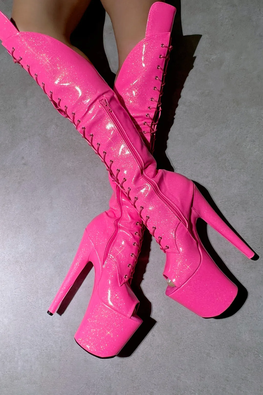 Hella Heels The Glitterati Open Toe Over The Knee 8inch Boots - Juicy Pink Burst