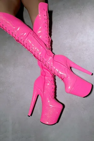 Hella Heels The Glitterati Over The Knee 8inch Boots - Juicy Pink Burst