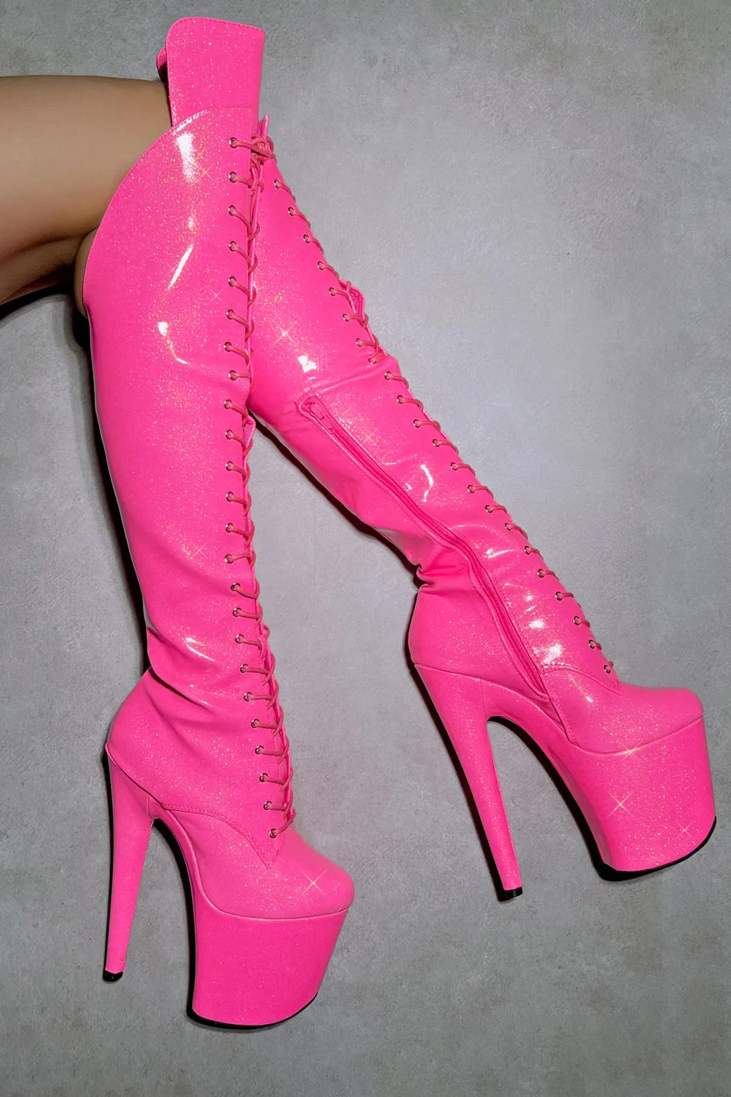 Hella Heels The Glitterati Over The Knee 8inch Boots - Juicy Pink Burst