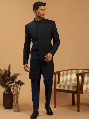 Jashvi Men's Navy Blue Glitter Indo Western Sherwani Set