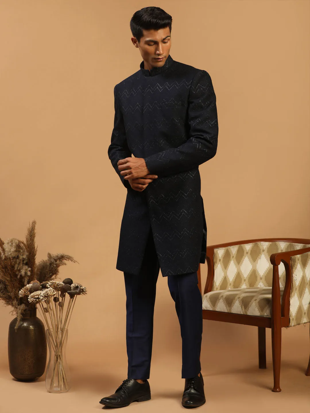 Jashvi Men's Navy Blue Glitter Indo Western Sherwani Set