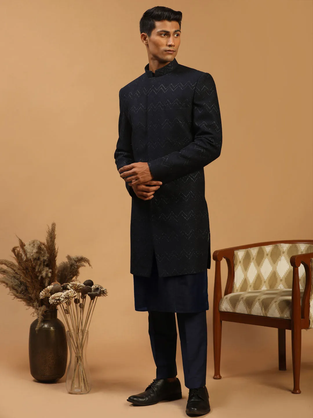 Jashvi Men's Navy Blue Glitter Indo Western Sherwani With Kurta Pant Set