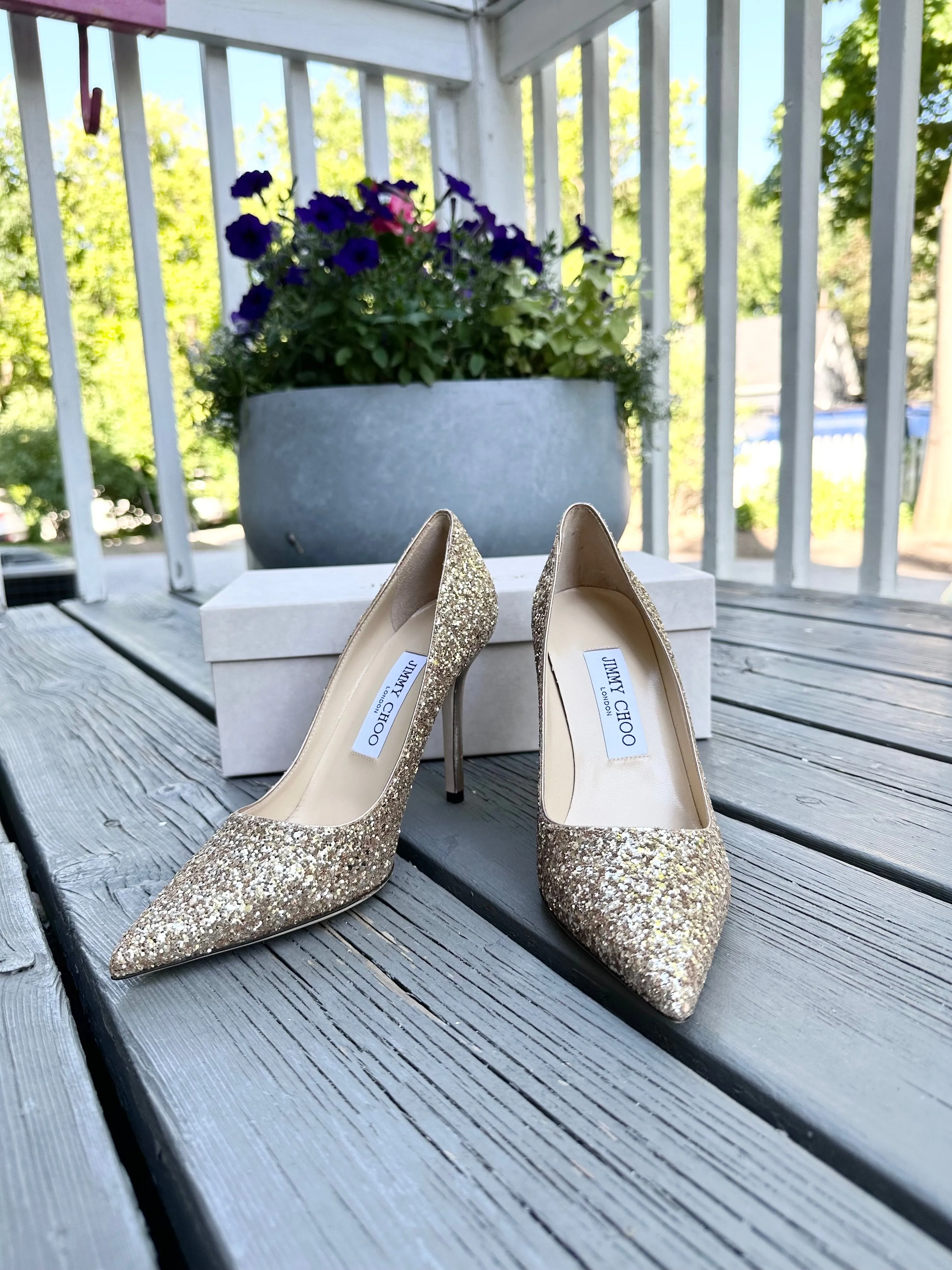 JIMMY CHOO London Romy Gold Glitter High Heel Pumps