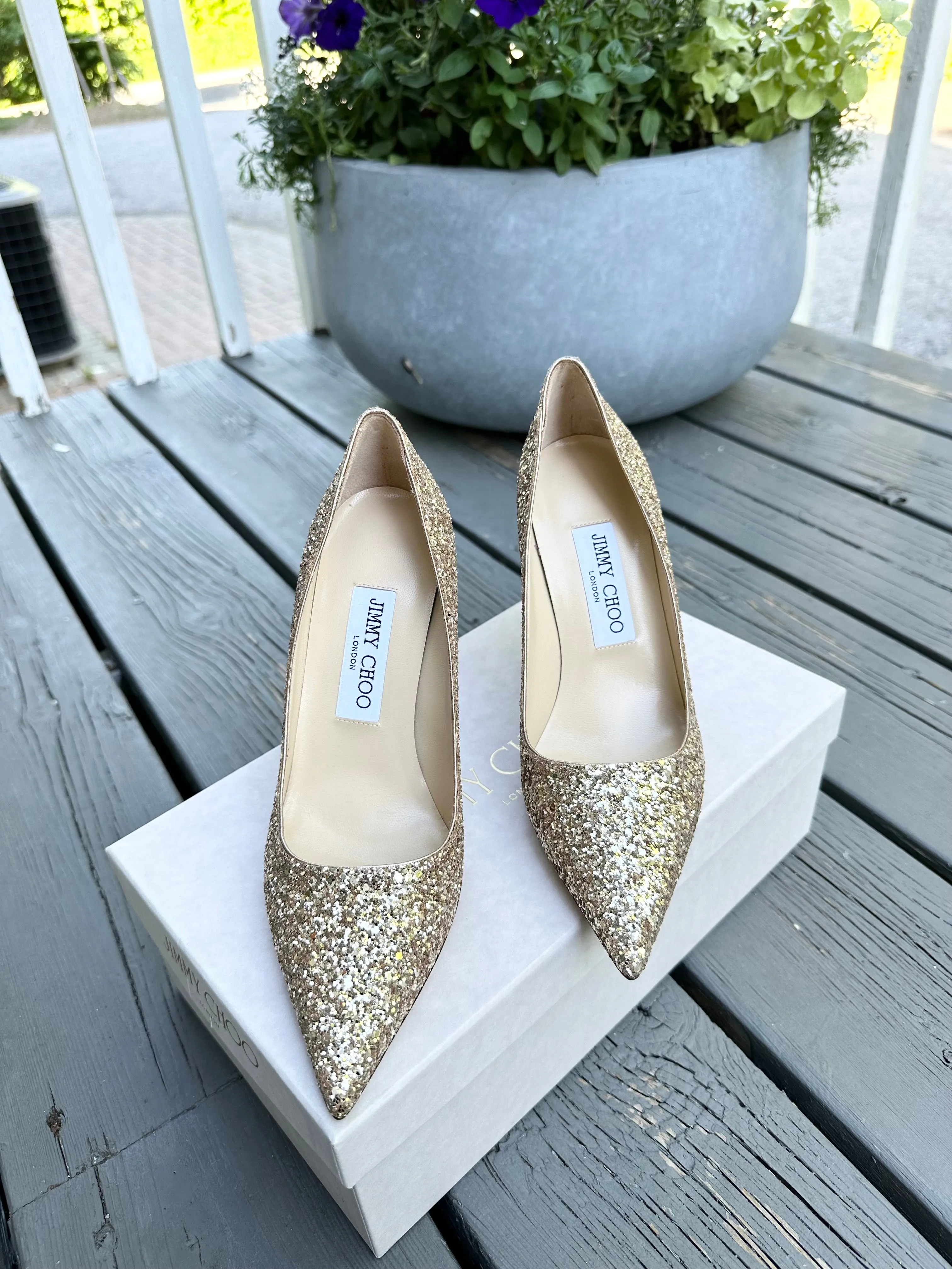 JIMMY CHOO London Romy Gold Glitter High Heel Pumps