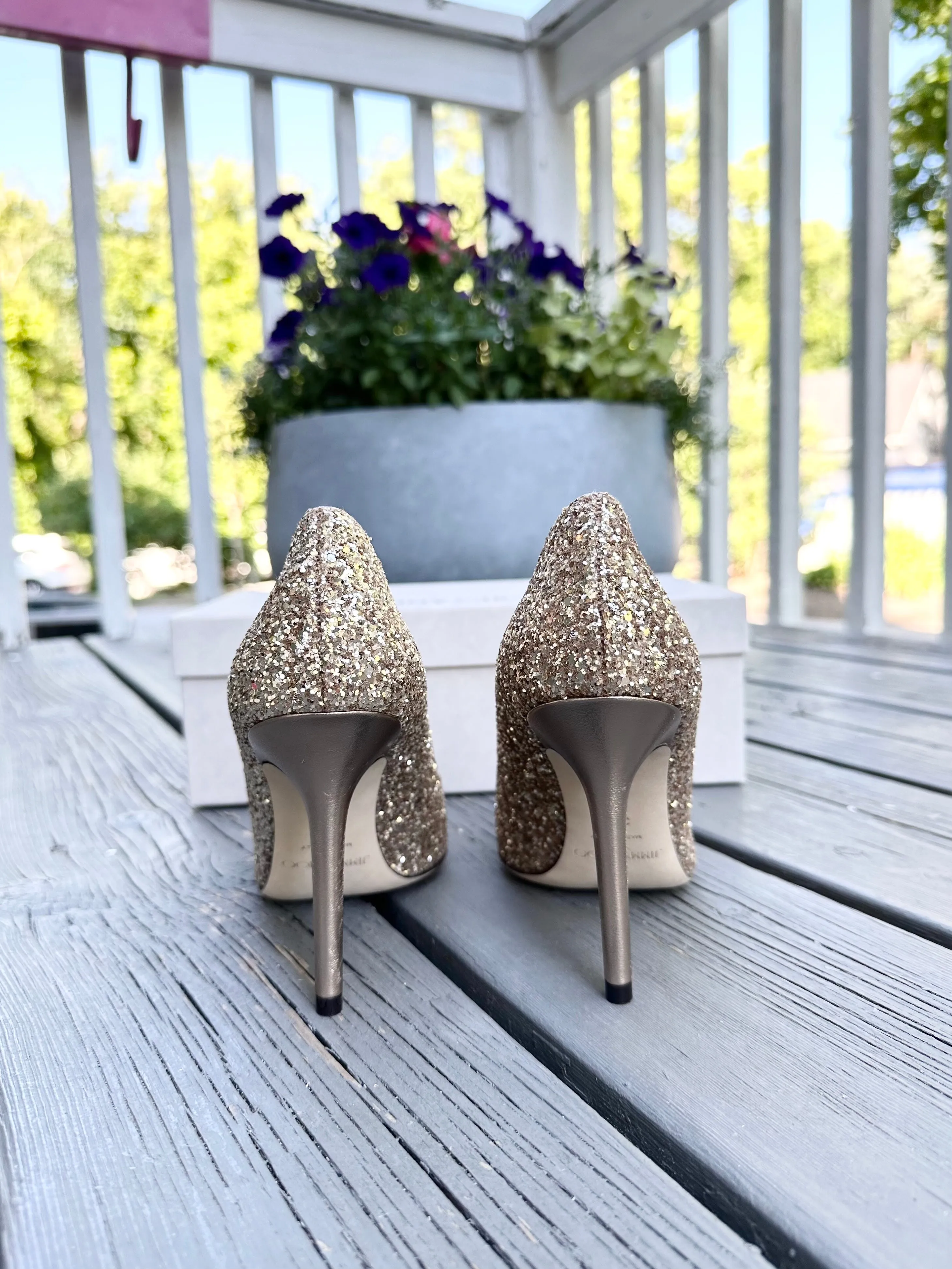 JIMMY CHOO London Romy Gold Glitter High Heel Pumps