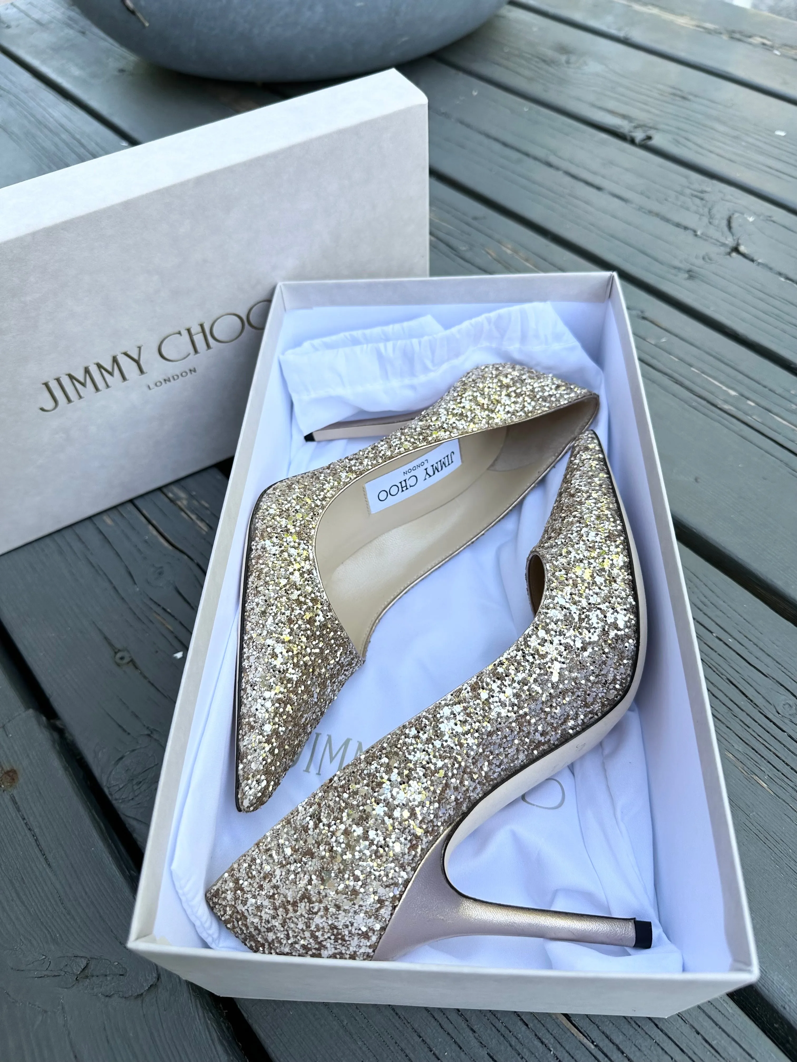 JIMMY CHOO London Romy Gold Glitter High Heel Pumps