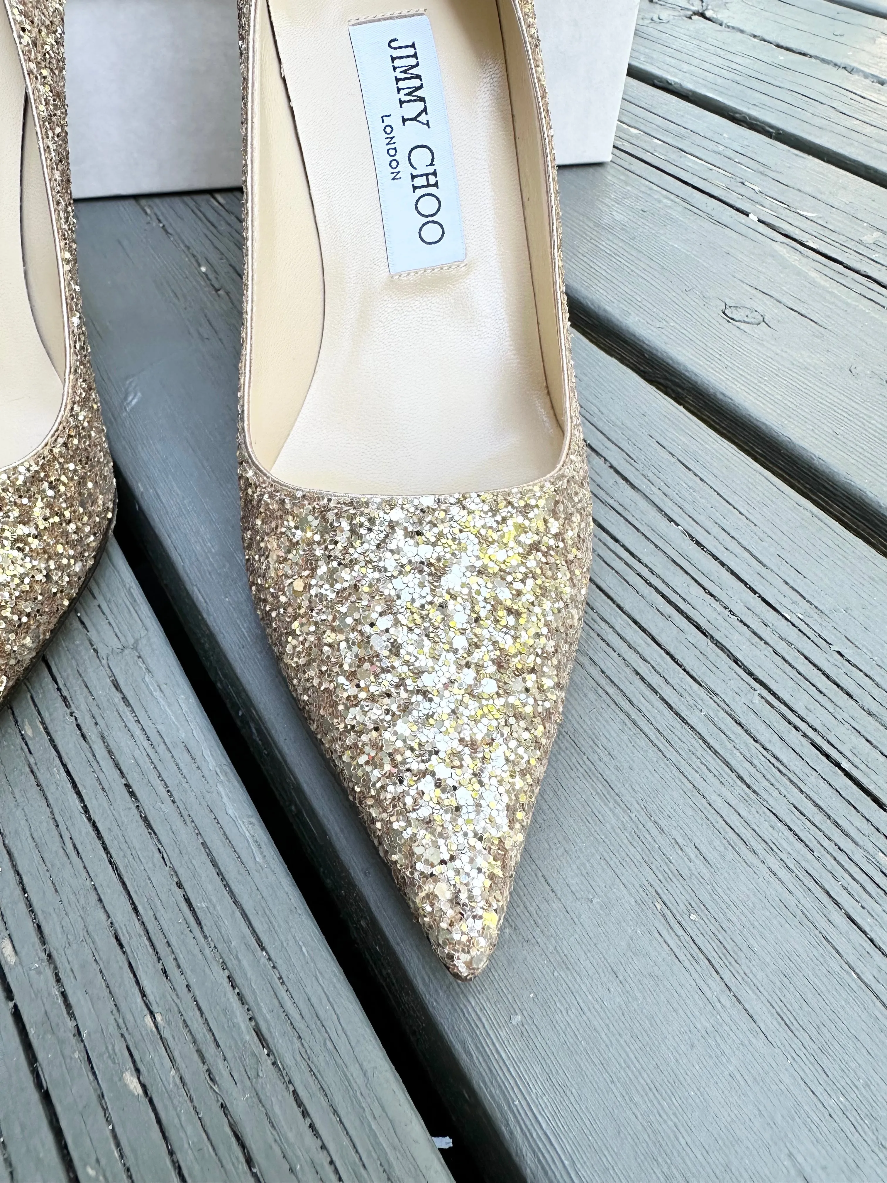 JIMMY CHOO London Romy Gold Glitter High Heel Pumps