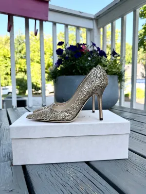 JIMMY CHOO London Romy Gold Glitter High Heel Pumps