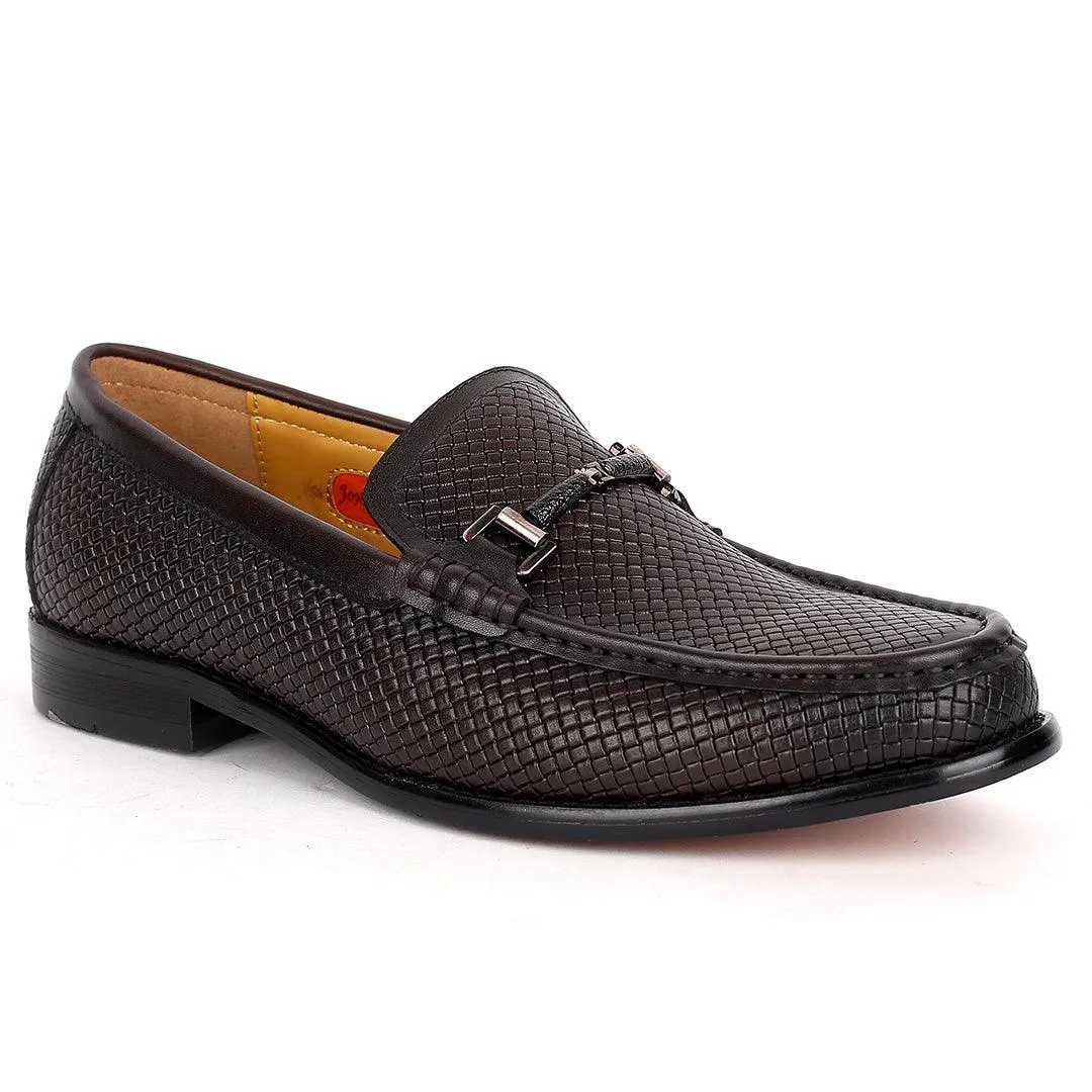 John Mendson Woven Designed Loafers With Black Metal Design- Coffee