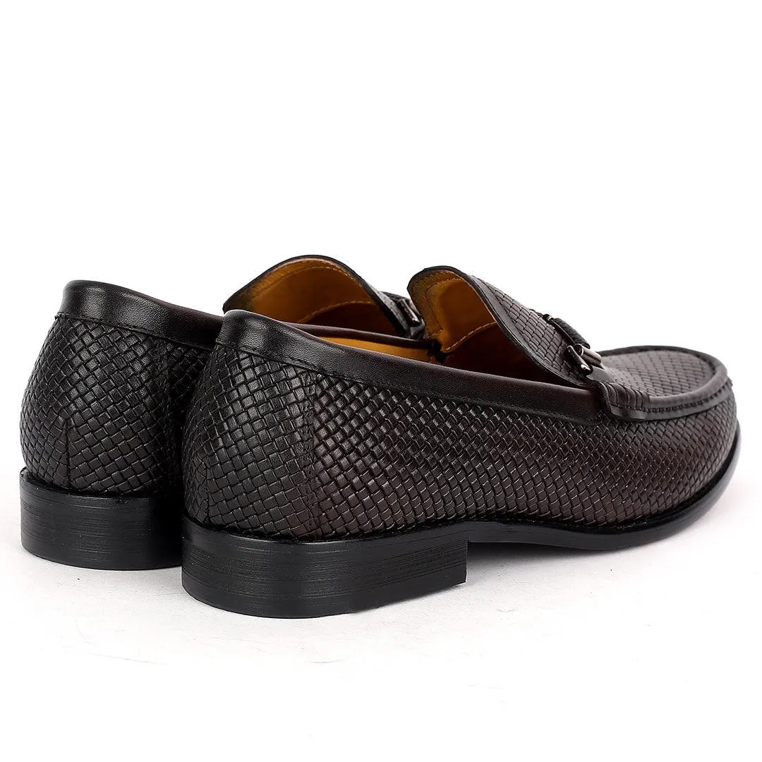 John Mendson Woven Designed Loafers With Black Metal Design- Coffee