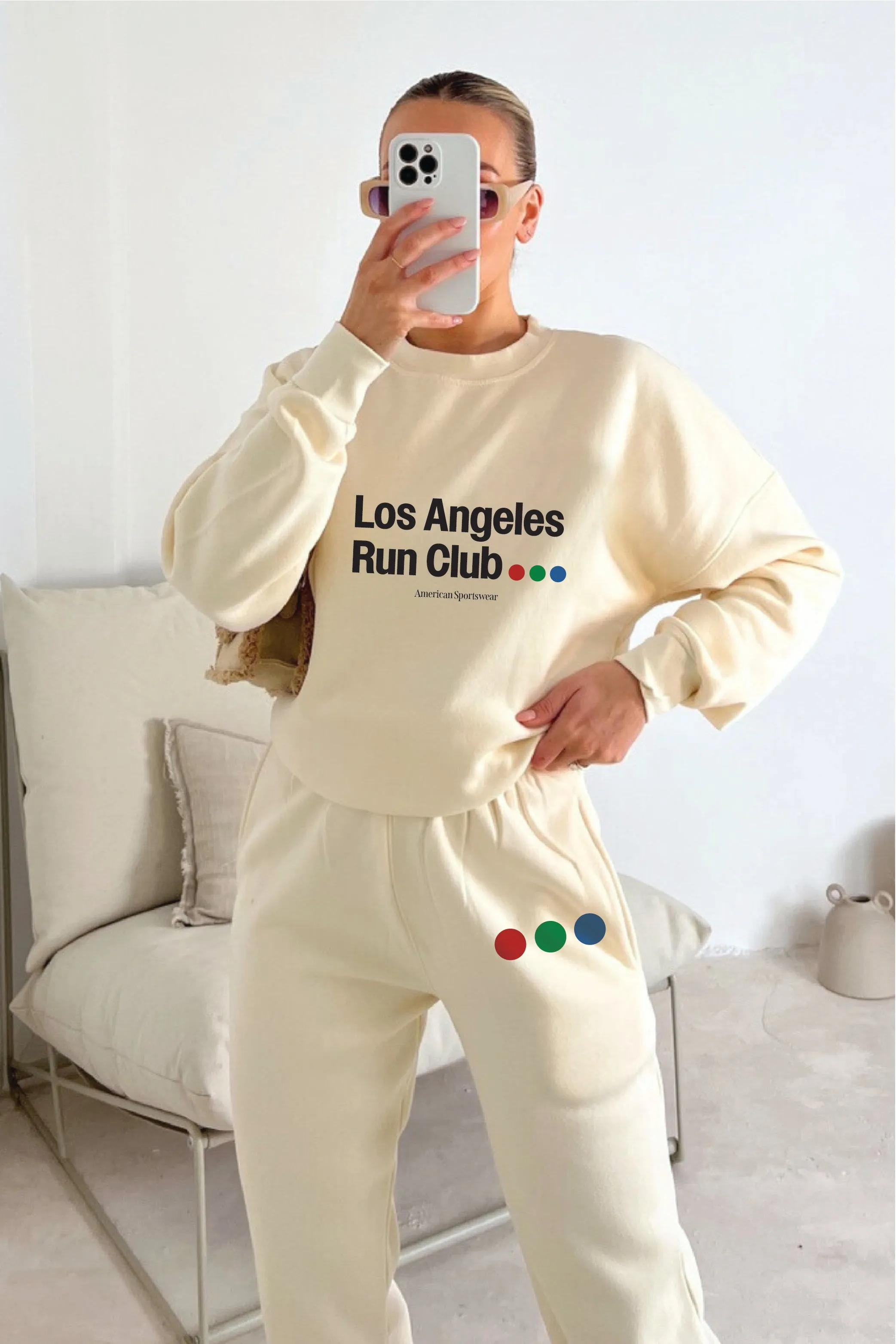 LA run club ecru printed sweater joggers loungewear