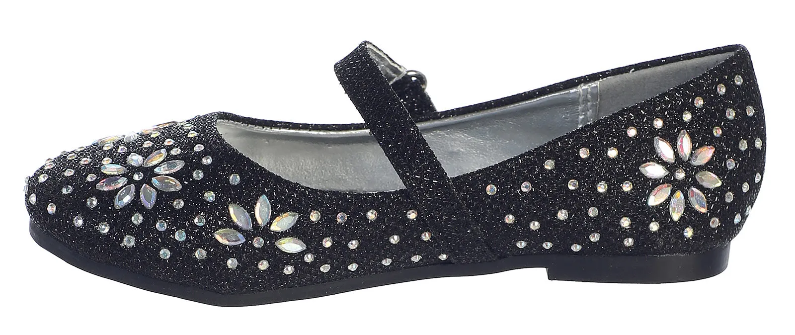 Little Girls Black Glitter Floral Stud Flat Shoes 5-10 Toddler