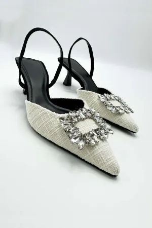 Marcy Diamante Brooch Pointed Toe Textured Court Shoes in Beige