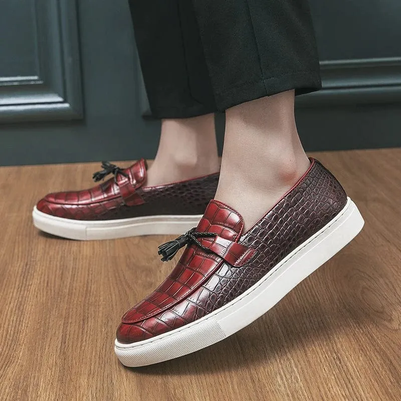 Men's Crocodile Embossed Slip-On Loafers | Smart Casual Shoes with Bow Decoration