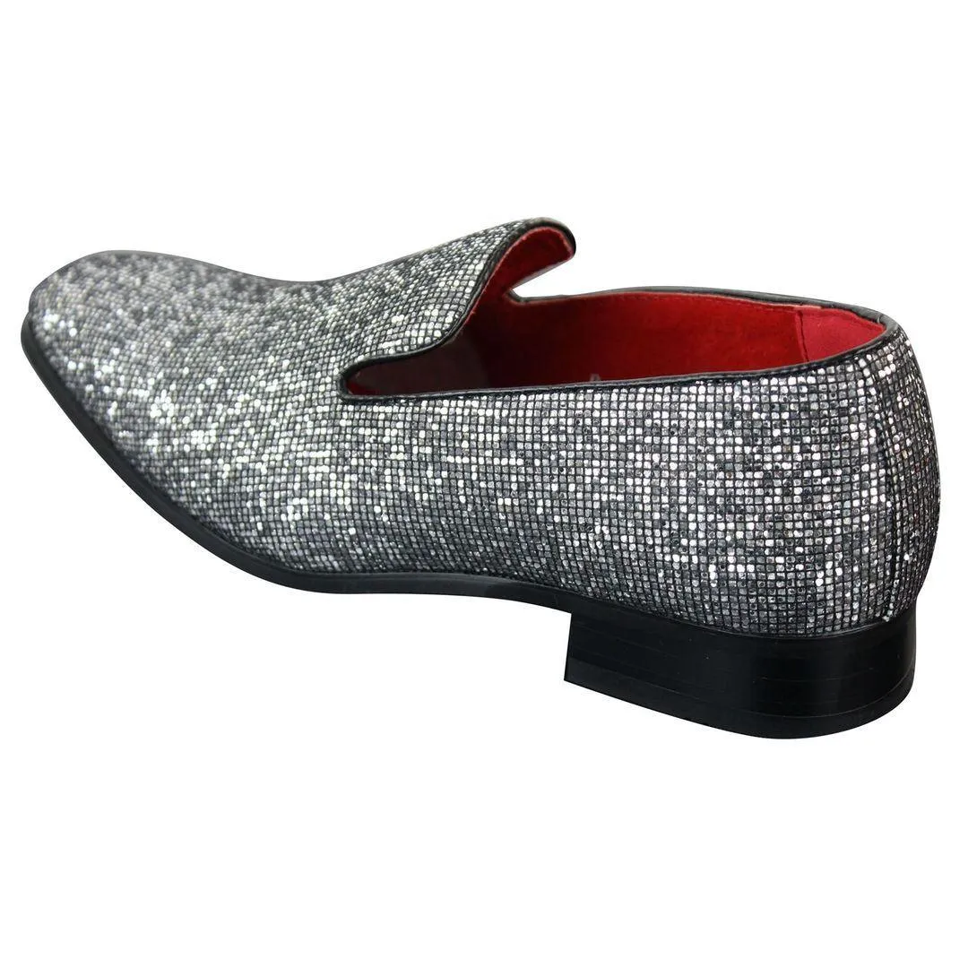 Mens Shiny Silver Gold Black Slip On Glitter Shoes Party Smart Patent Leather