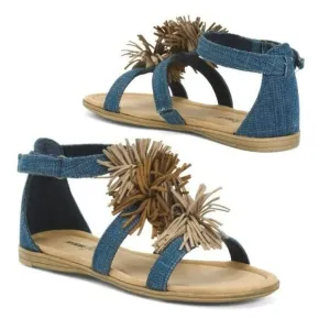 Minnetonka Girl's Denim Suede Pom-pom Fringe Sandals