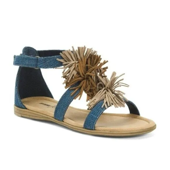 Minnetonka Girl's Denim Suede Pom-pom Fringe Sandals